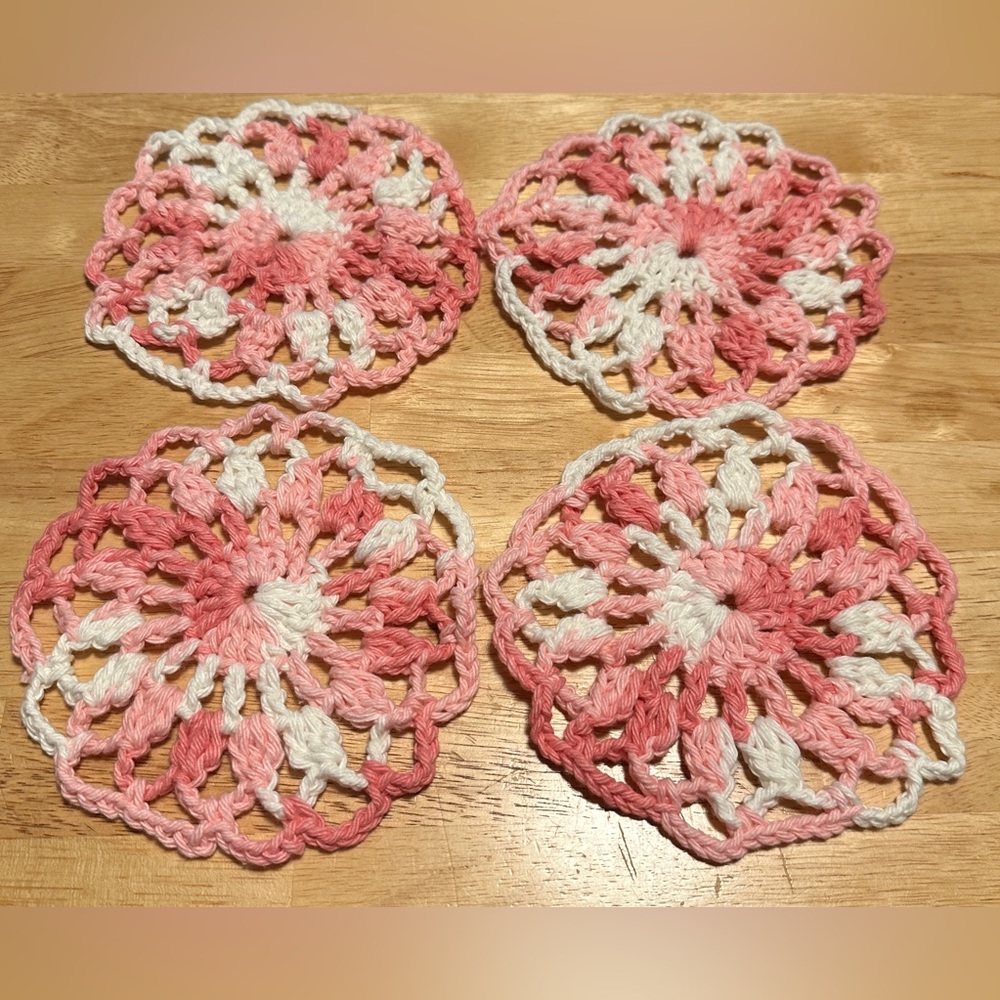 Coasters Handmade Pink and White Doily Crochet Puff Stitched Coasters Set of 4